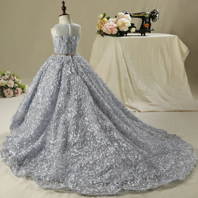 

Silver Gray Lace Flower Girl Dresses Short Front Long Back Sleeveless Dress for Wedding Long Party Gown