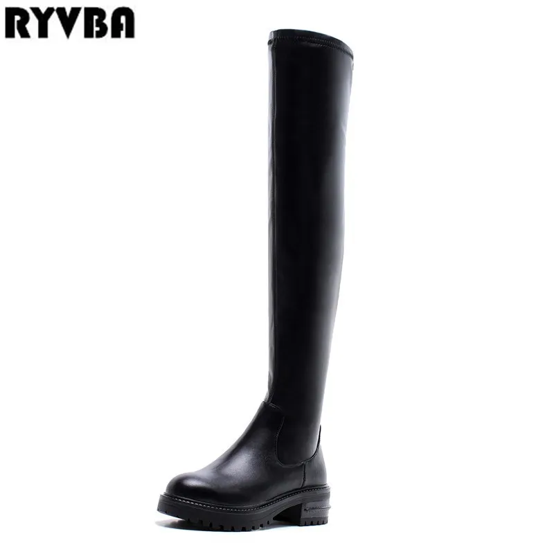 

RYVBA 2018 women genuine leather stretch PU thigh high boots womens winter autumn over the knee boots black platform woman shoes