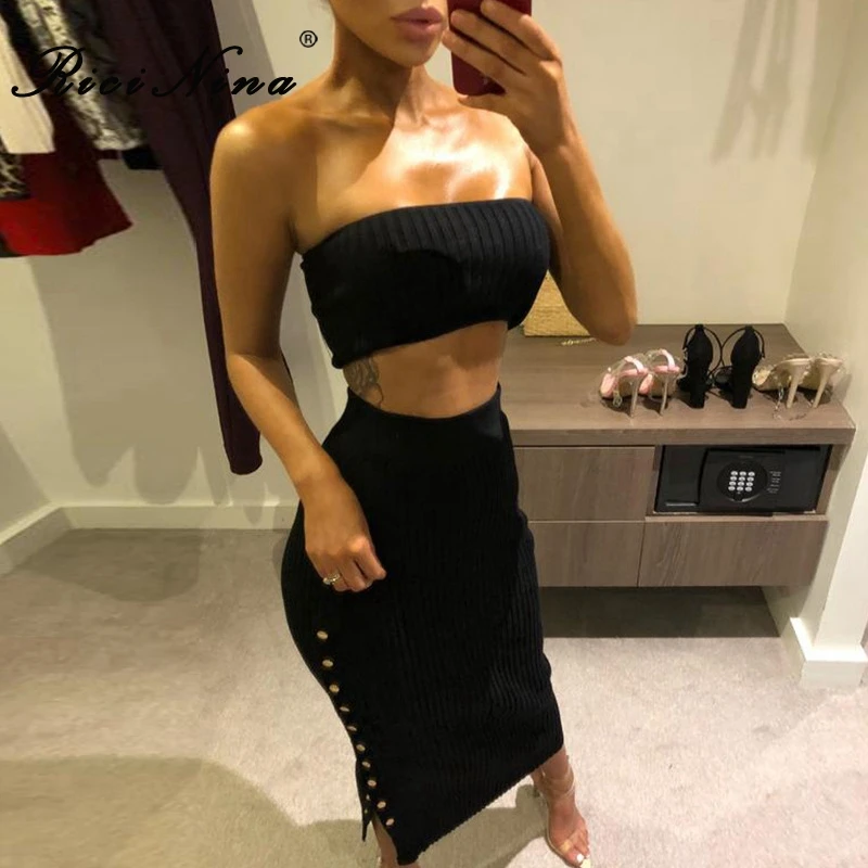 RICININA New Women Sexy Dress Womens Strapless Buttons Tracksuit Two Pieces Set Woman Bodycon Party Long Slit Dress Vestidos RICININA New Women Sexy Dress Womens Strapless Buttons Tracksuit Two Pieces Set Woman Bodycon Party Long Slit Dress Vestidos