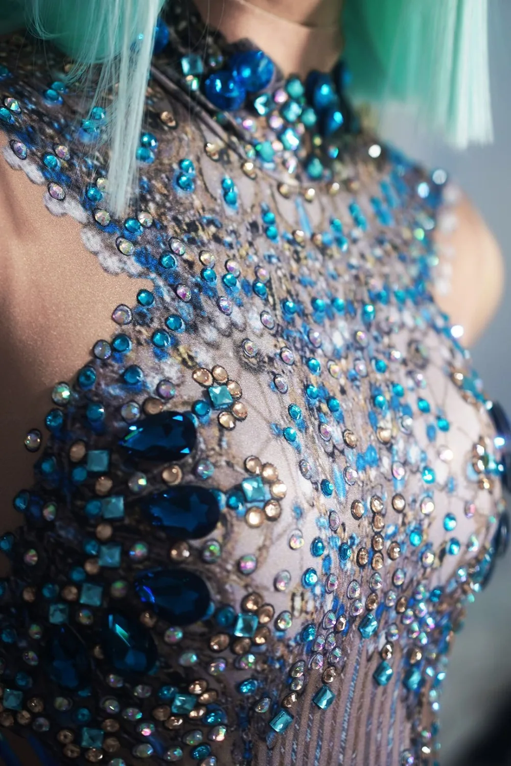 Модные Кристаллы Стразы Вечерние Длинное платье для женщин без рукавов кисточкой Клубное платье синий сексуальный джаз певец танцор сценические костюмы