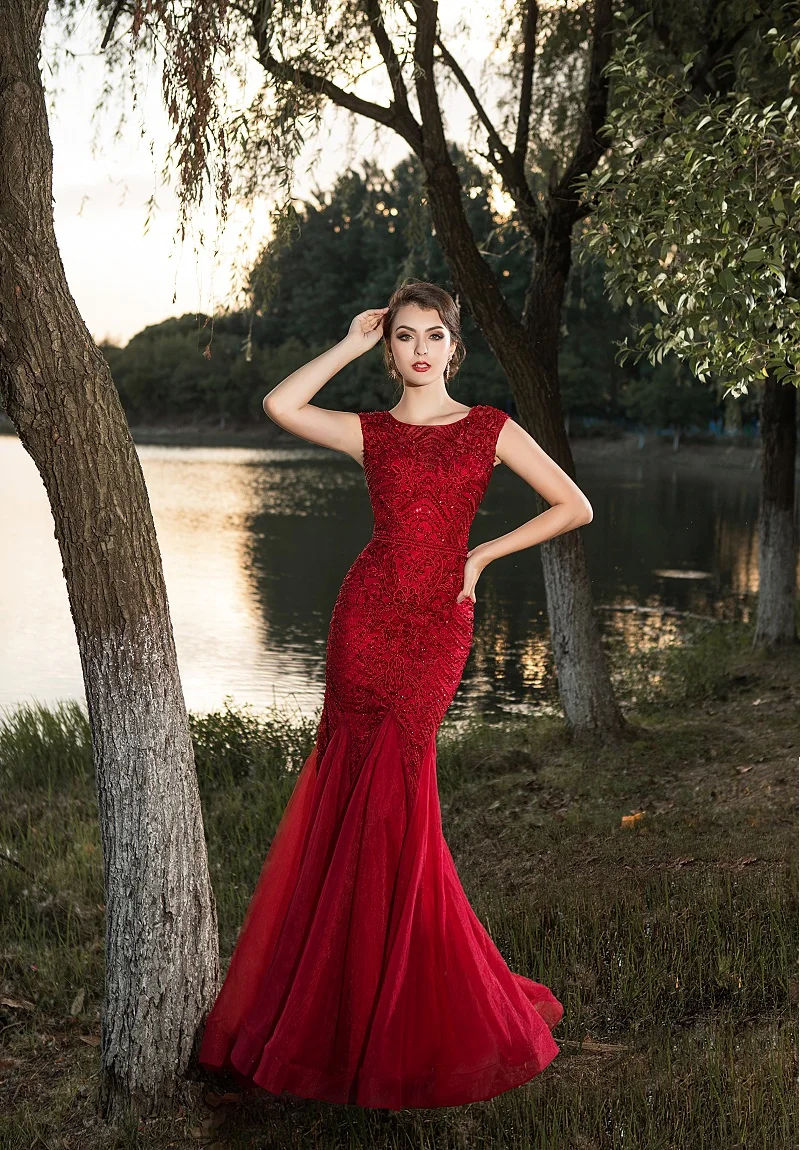 Women's Elegant Crystal Beading Long Evening Dress Model Show