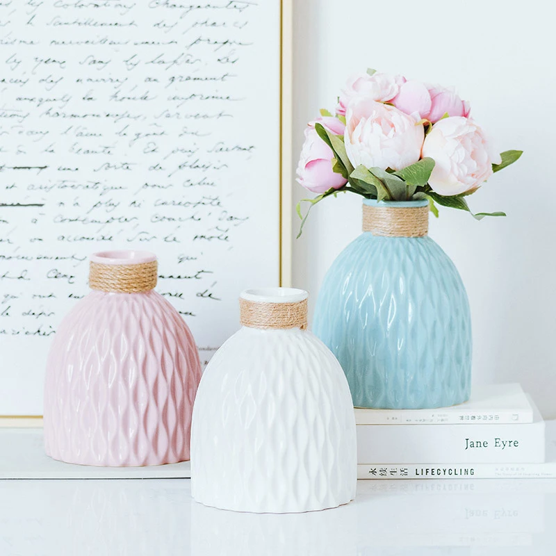 

Europe Geometric Hemp rope ceramic vases Creative Fashion Dried flowers containers Tabletop small vase Home Wedding decoration