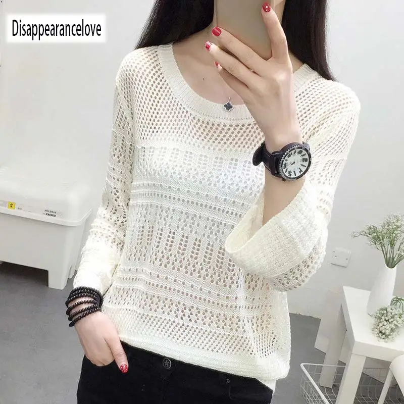 2018 Autumn Female Knitwear Loose Thin Long Sleeves Women Sweaters Simple Fashion Hollow-out O-neck Knitted Sweater Sweaters