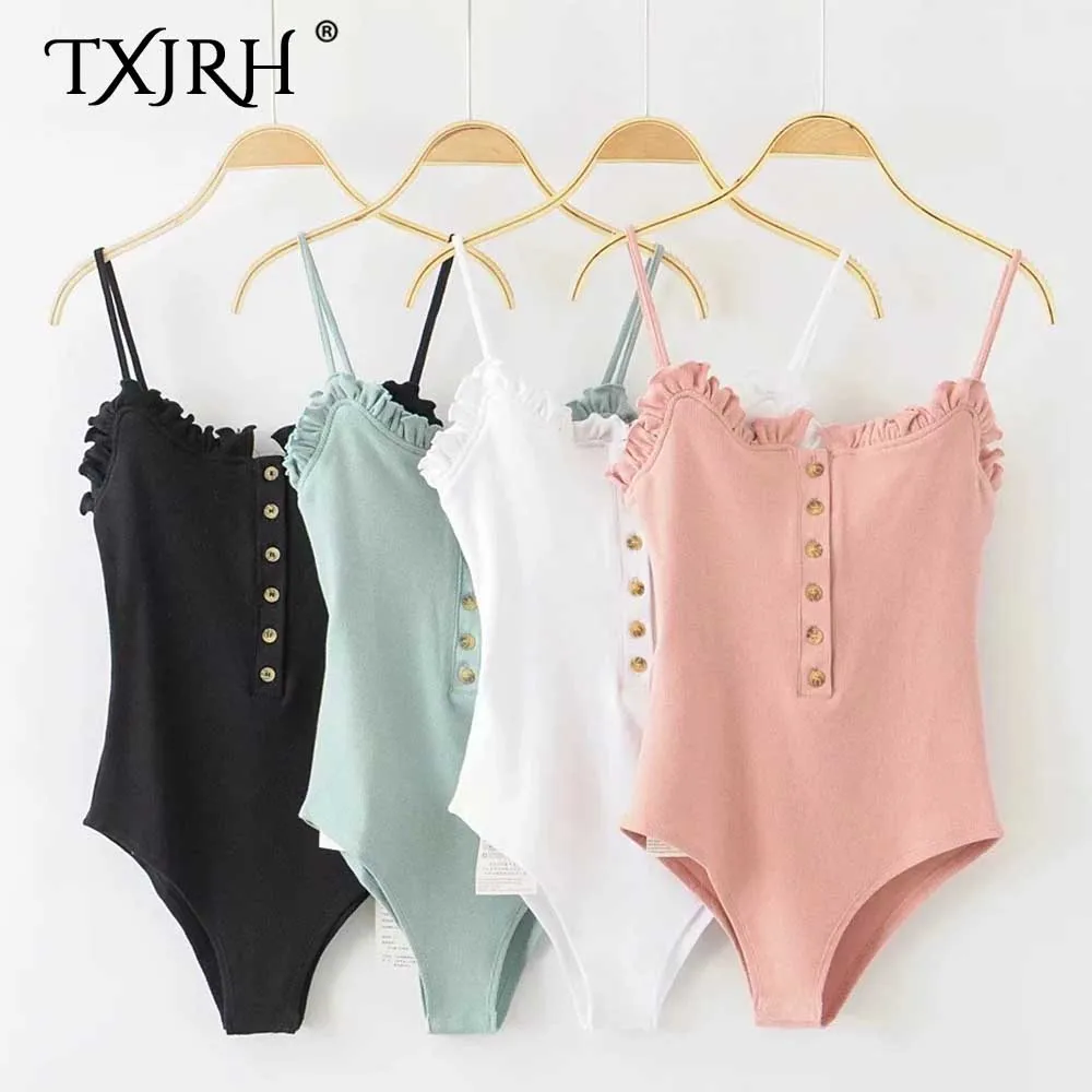 

TXJRH Sexy Knitted Chest Button Ruffles Wood Ears Thread Elasticity Romper Bodysuit Playsuits Spaghetti Strap Undershirt 4 Color