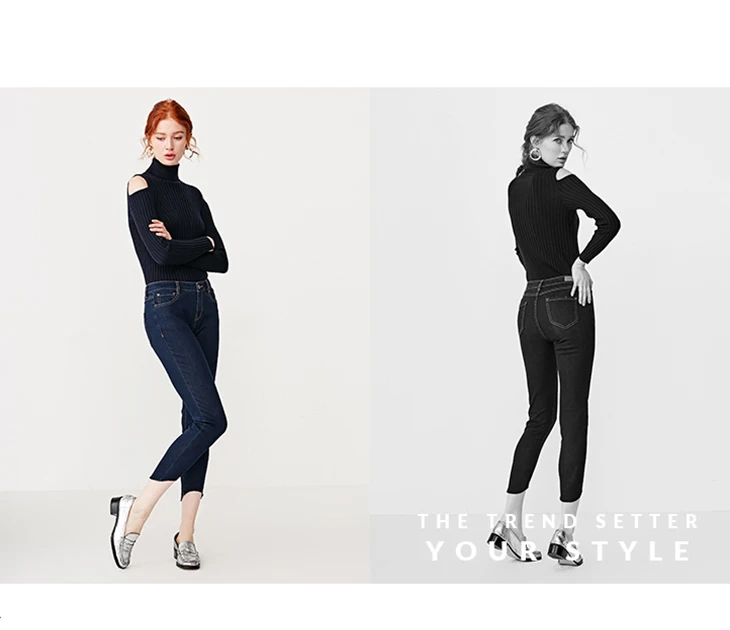 Отборные женские слегка Стрейчевые Асимметричные укороченные джинсы C | 419132533
