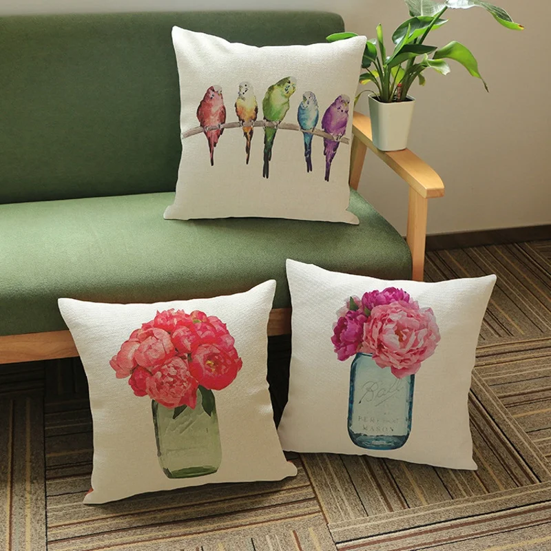 

Water Color Painting Parrot Peony Flowers Linen Cotton Europe Style Sofa Office Chair Throw Pillow Case 45*45cm Car Cushion