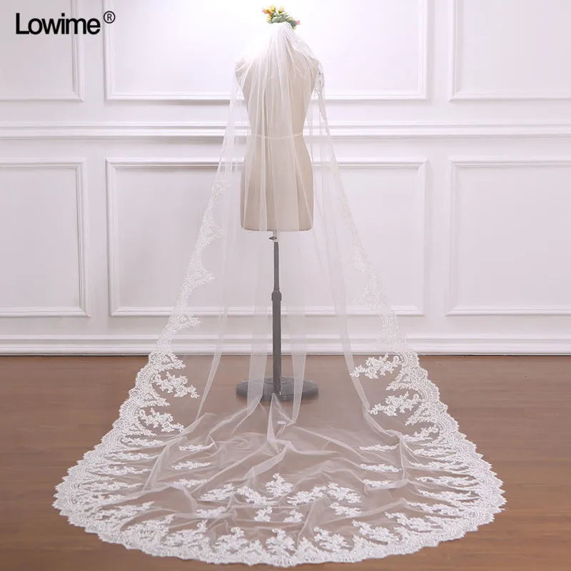 Lowime Cheap Cathedral Wedding Veil Accessories 3 Meters Voile Mariage Vail Velos Lace Cotton Bride Veils 2018 (5)