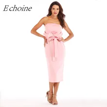 Echoine Ruffle Bow Tie Women Strapless Midi Party Dress Solid Pink Red Black Elegant Back Slit Bodycon Sexy Formal Dress Vestido yellow bow tie front strapless zip back design midi dress
