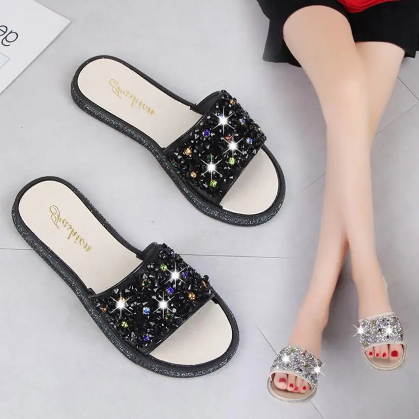 

SAGACE Shoes Flip flops summer fashion Solid Color Crystal Round Toe Flat Heel Sandals Slipper Beach casual shoes women 2018JU5