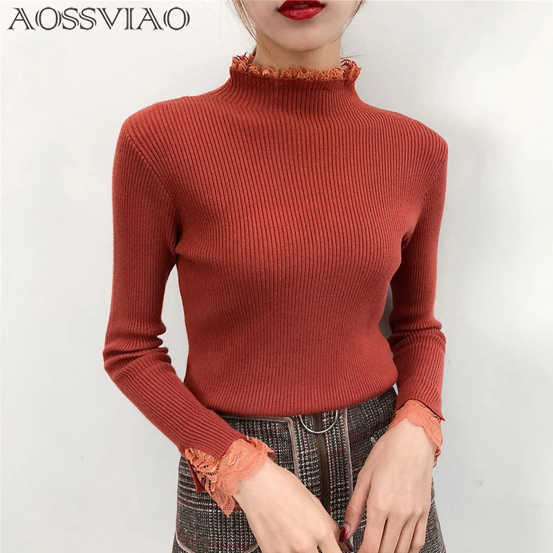 

White knitted pullover turtleneck sweater women Sexy elastic Lace long sleeve knitting pullover Casual autumn winter jumper