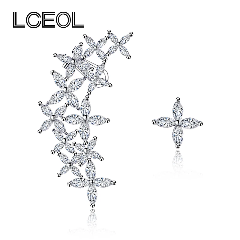 

LCEOL Luxury Jewelry Earring Clip Style Statement Zircon Prong Setting Asymmetric Clover Stud Earrings for Women Bride Wedding