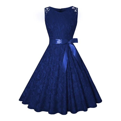 MISSJOY вязаное крючком цветочное кружевное винтажное платье Элегантная модная женская одежда без рукавов с круглым вырезом и высокой талией с поясом размера плюс 3XL-4XL - Цвет: Тёмно-синий