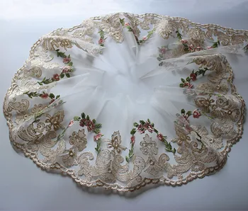 

19cm 7.48inch wide-3yards/lot Gold Thread Pink Flower Embroidered Tulle LaceTrim for Garment Decoration,Gold Lace