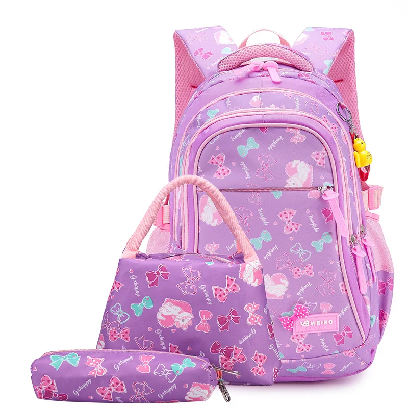 Портфели с принтом принцессы и бантом, Детские рюкзаки для подростков, сумки для начальной школы, детские ортопедические рюкзаки, комплект из 3 предметов, рюкзак - Цвет: Фиолетовый