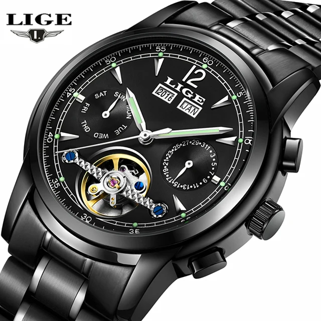 Мужские часы Роскошные Лидирующий бренд LIGE Tourbillon механические Спортивные часы мужские модные деловые мужские автоматические часы Relogio Masculino - Цвет: all black