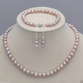 

women big Jewelry set Genuine Natural Freshwater 7-8MM Natural Lavender Akoya Cultured Pearl Necklace Bracelet Earrings