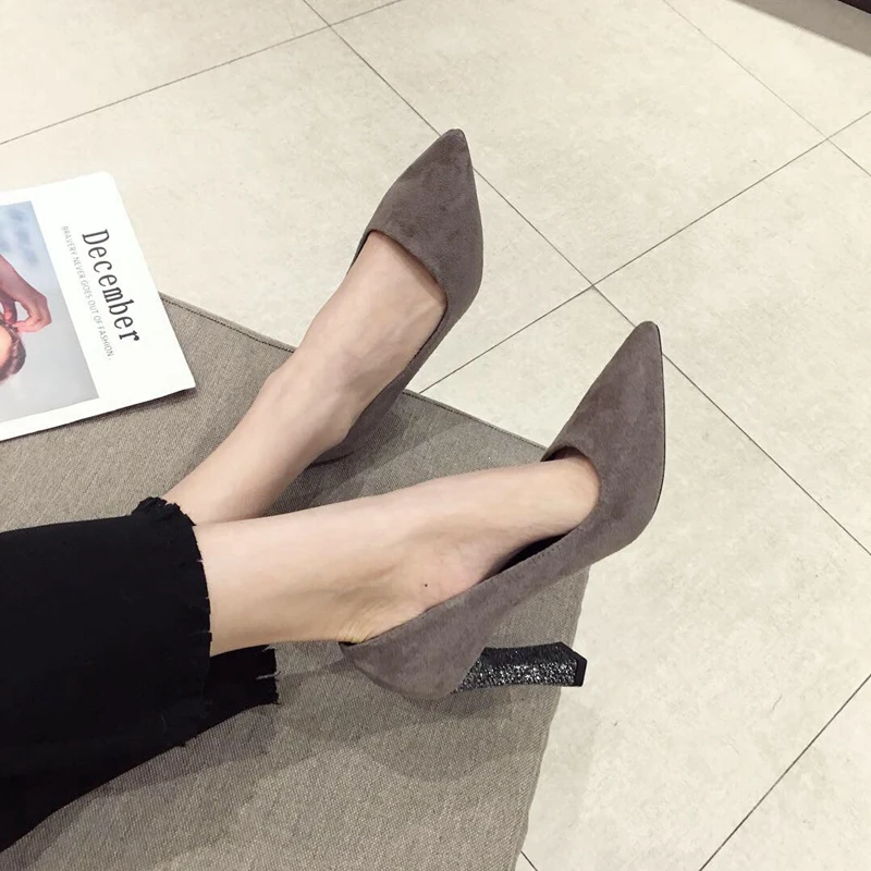 

Spring 2019 fashion high heels matte sequins thick with sexy pointed shallow mouth shoes women's shoes
