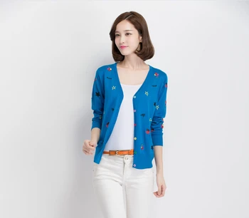 

New design spring and autumn fashion embroidery lady's v-neck sweater cardigan