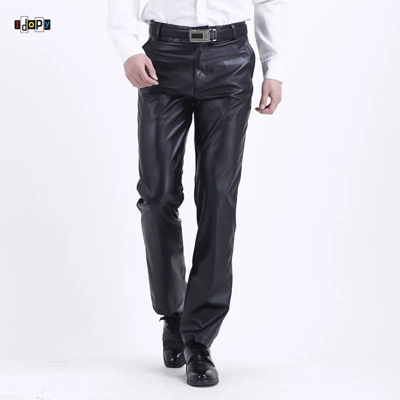 Idopy мужские деловые эластичные удобные черные однотонные брюки из искусственной кожи, джинсовые брюки, слаксы, длинные штаны для мужчин
