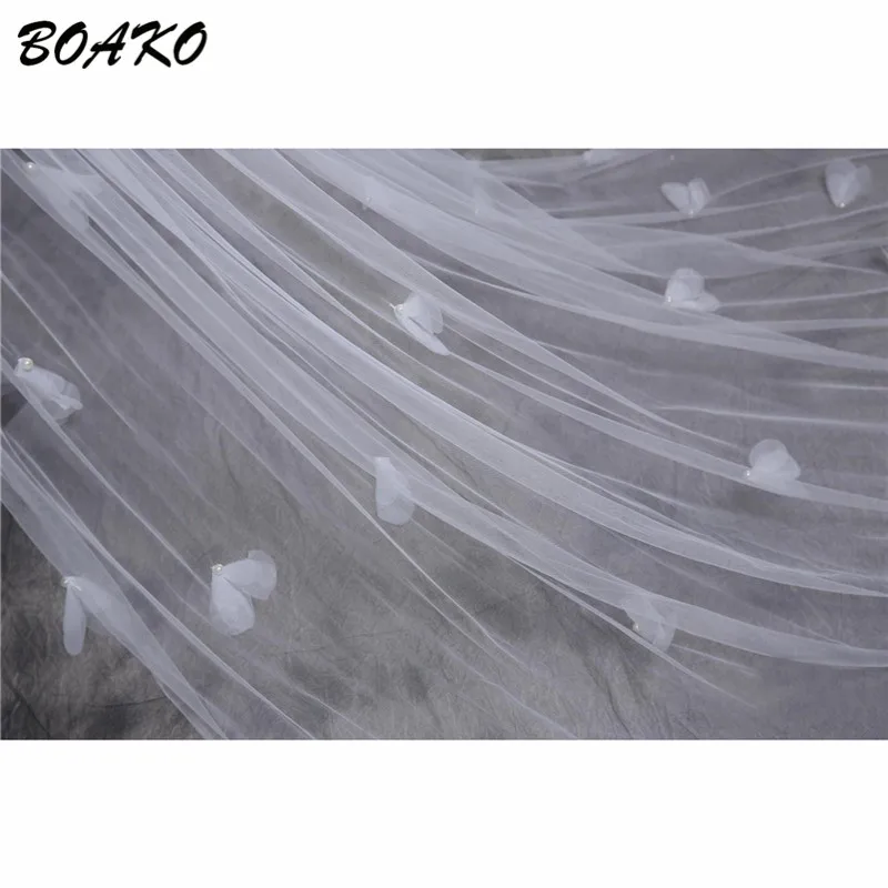BOAKO 3 Meters Three Layer Tulle Long Wedding Veil White 3M Cut Edge Bridal Veil with Embroidered Flower Petals Velos De Novia