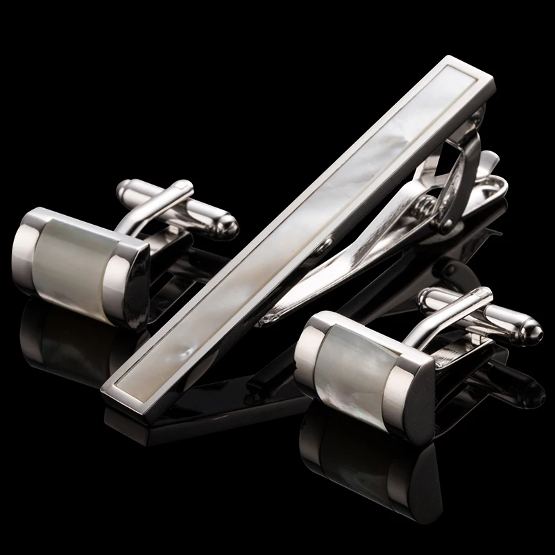 

Vagula New Style Fashion Seashell Cufflink& Tie Clip Set Round Silver- color Men's Cuff link Set French Shirt Cufflink 16