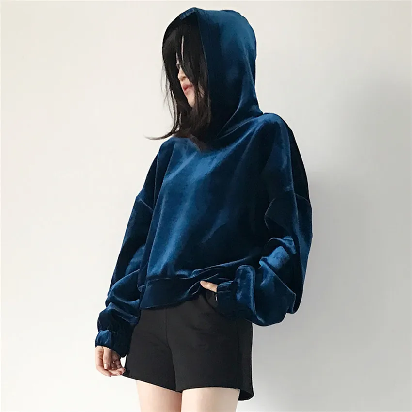 

New Fashion Autumn Winter Women Thick Gold Velvet Sweatshirts Long Sleeve Hooded Pullovers Short Loose Tops Streetwears WZ178