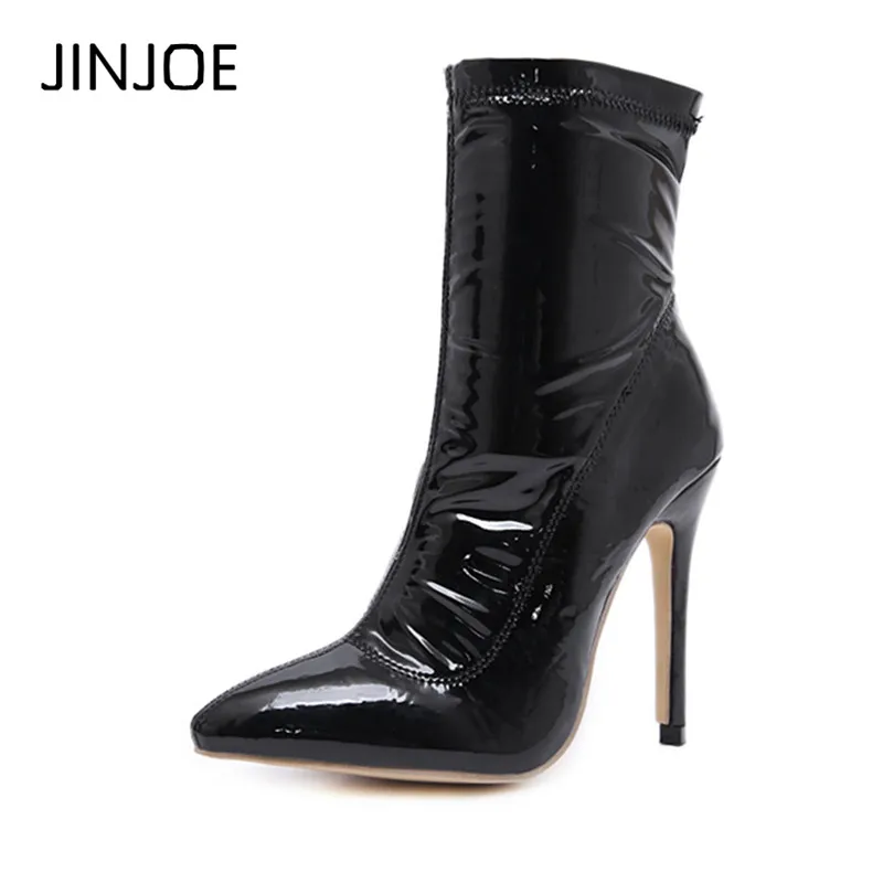 

JINJOE Winter Women Boots Gladiator pump Pointed Toe Ankle Boots Vinyl Leather Boots Bootie party Dress Shoes Stiletto High Heel