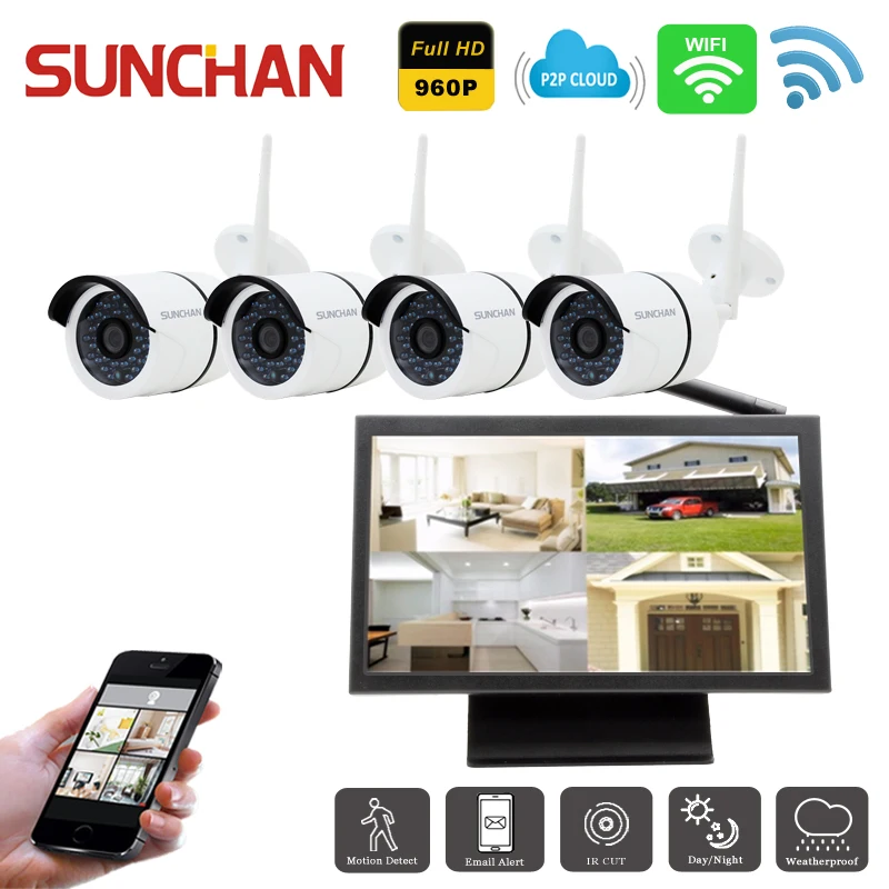 SUNCHAN 4 CH 960P HD System Waterproof Surveillance System 1.3MP  Outdoor Security Camera 4 Channel CCTV NVR Kit AHD Camera Set