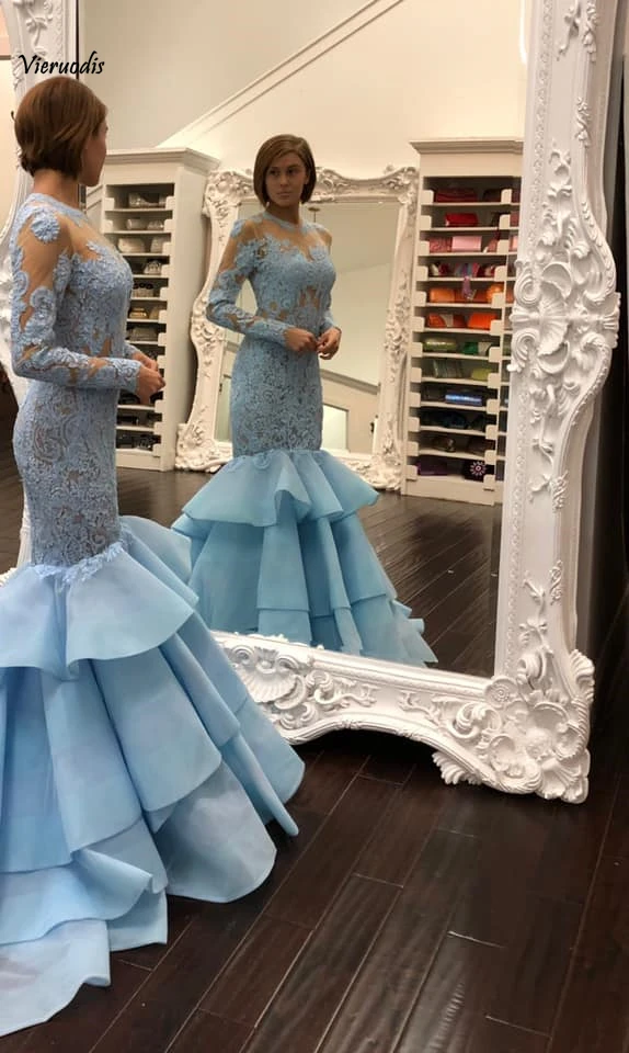 

2019 New Mermaid Sexy Long Prom Dresses With Long Sleeves Lace Appliques Open Back Tieres Light Sky Blue Evening Gowns