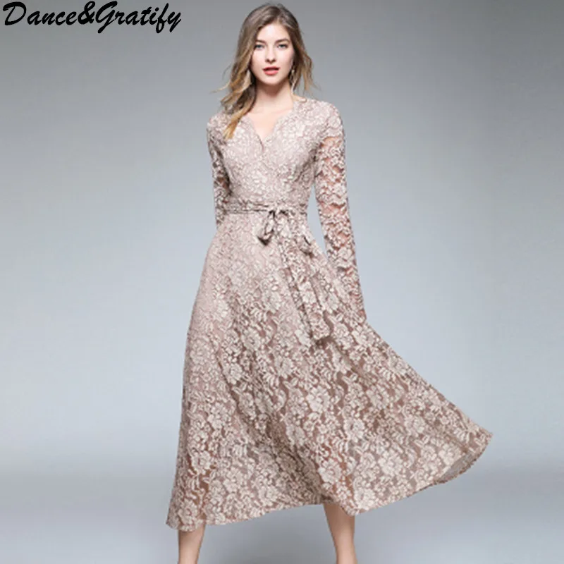 Женское платье с длинным рукавом Boho Осеннее кружевное длинное треугольным