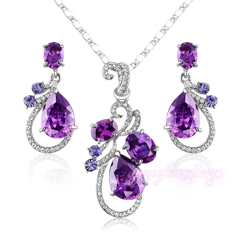 Mytys Purple Crystal Necklace and Purple Crystal Drop Earrings Jewelry