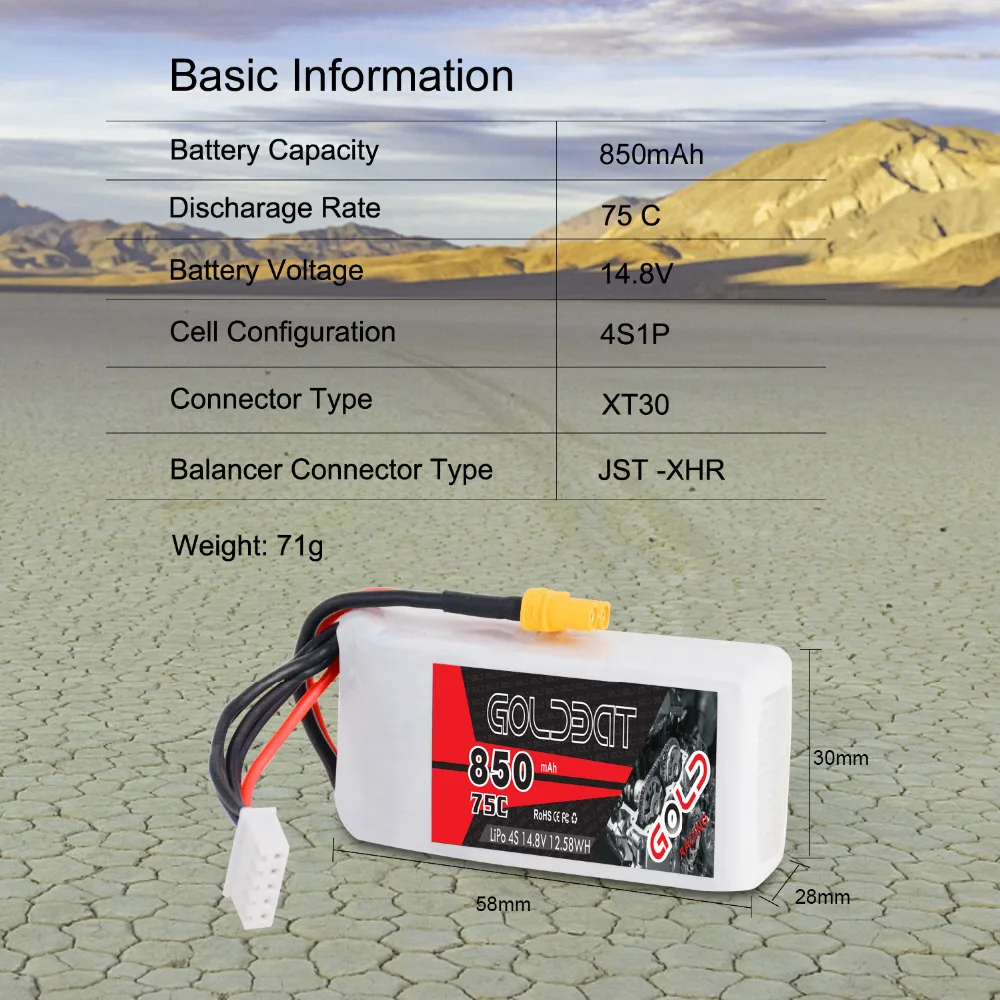 2 шт. GOLDBAT 850 мАч LiPo батарея для FPV 4S LiPo батарея LiPo 14,8 в 4S lipo 75C с XT30 разъем для дрона Heli Автомобильная лодка