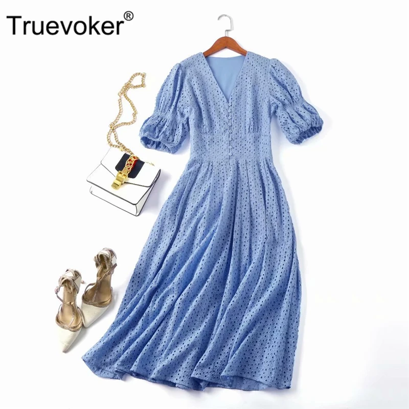 

Truevoker Designer Dresses Women's High Quality Puff Sleeve Embroidery Cutout Mid Calf Length Robe Femme Ete
