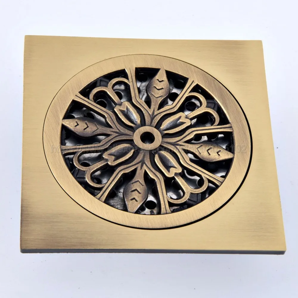 

Shower Drains 10*10cm Square Bath Drains Strainer Hair Antique Brass Art Carved Bathroom Floor Drain Waste Grate Drain zhr079