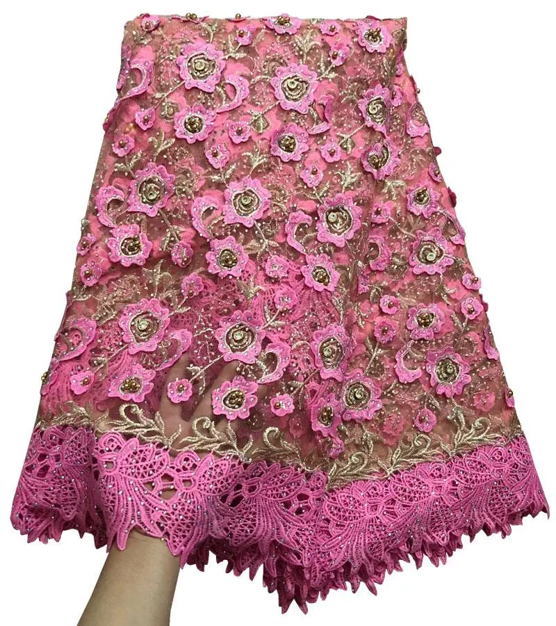 

2017 Pink french lace embroidered tulle lace with heavy stones beaded nigerian Guipure lace fabrics for wedding dress YED-01