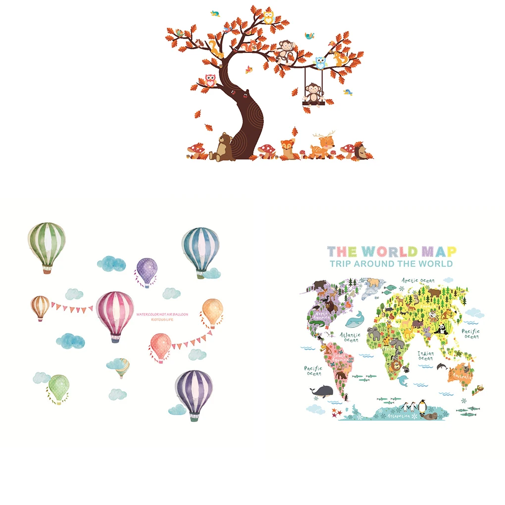 

Removable Animal World Map Wall Sticker Hot Air Balloon Large Tree Decals Kids Room Preschool Education PVC Wallpaper HOT 2019
