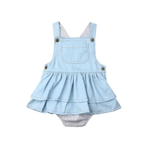 

2019 Kids Baby Girls Summer Suspender Denim Sleeveless Solid Bodysuits Jumpsuit Outfits Baby Bodysuit