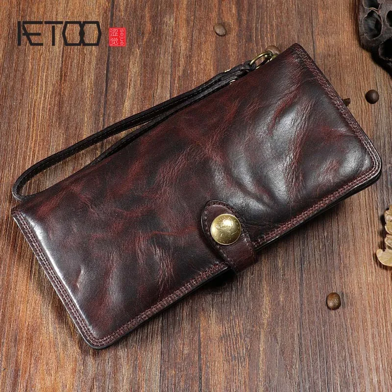 

BJYL Original retro buckle leather long wallet men First layer leather wrinkle multi-card full leather long wallet