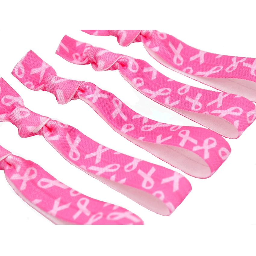 100pcs Breast Cancer Awareness Printed Knotted Elastic Hair Band Wholesale Pink Ribbon Bracelet Girls Ponytail Holder 0 8mm elastic bracelet string