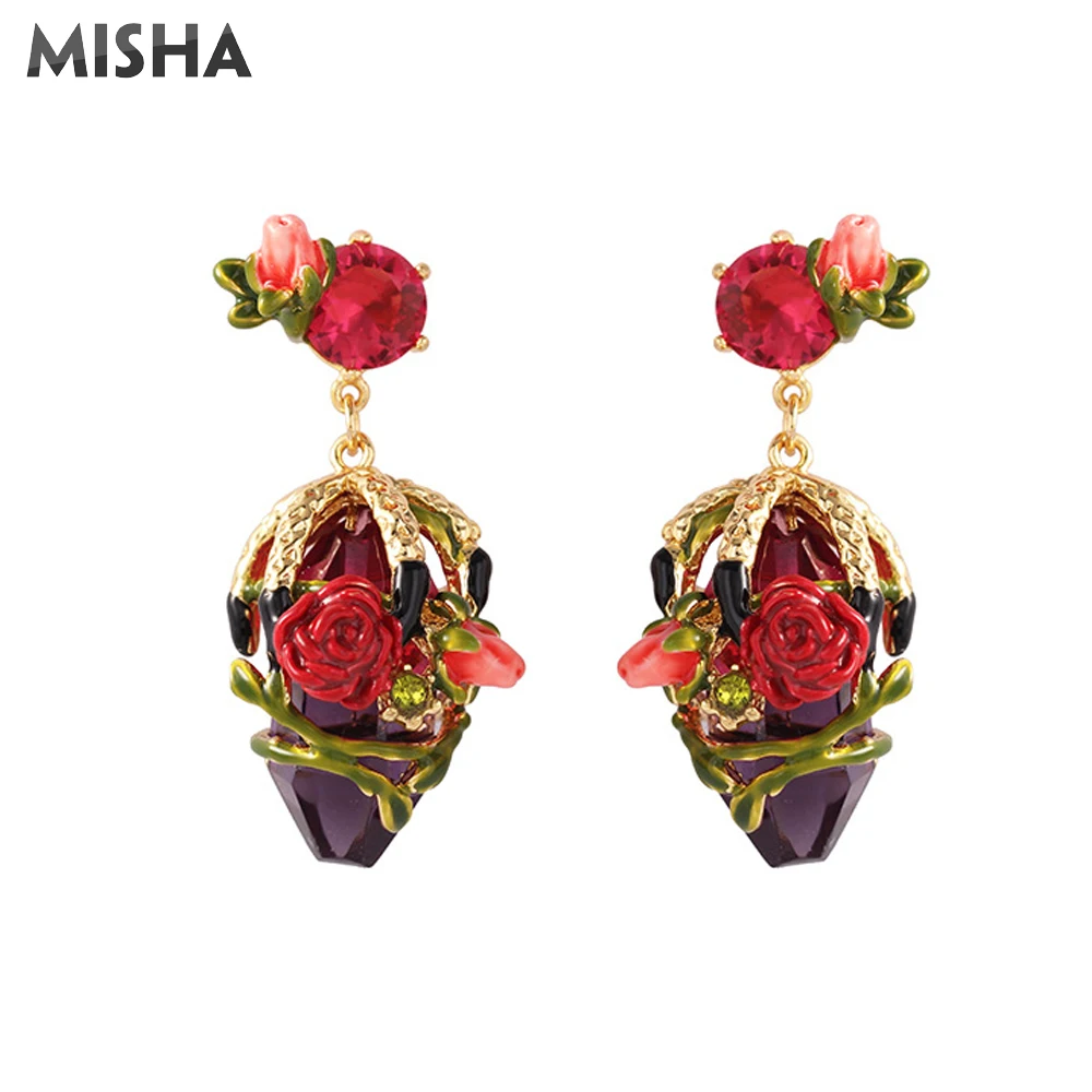 

MISHA Trendy Earrings For Women Handmade Enamel Glazed Rose Stud Earrings Simulation Gems Charms Jewelry For Girls Ladies