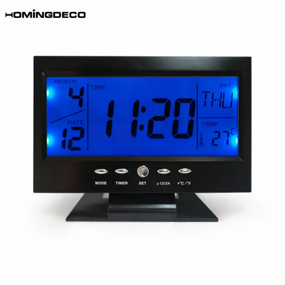 Homingdeco Digital Alarm Clocks lcd Electronic Table Clock Sound Control smart alarm clock travel home office Desk Clocks 2018