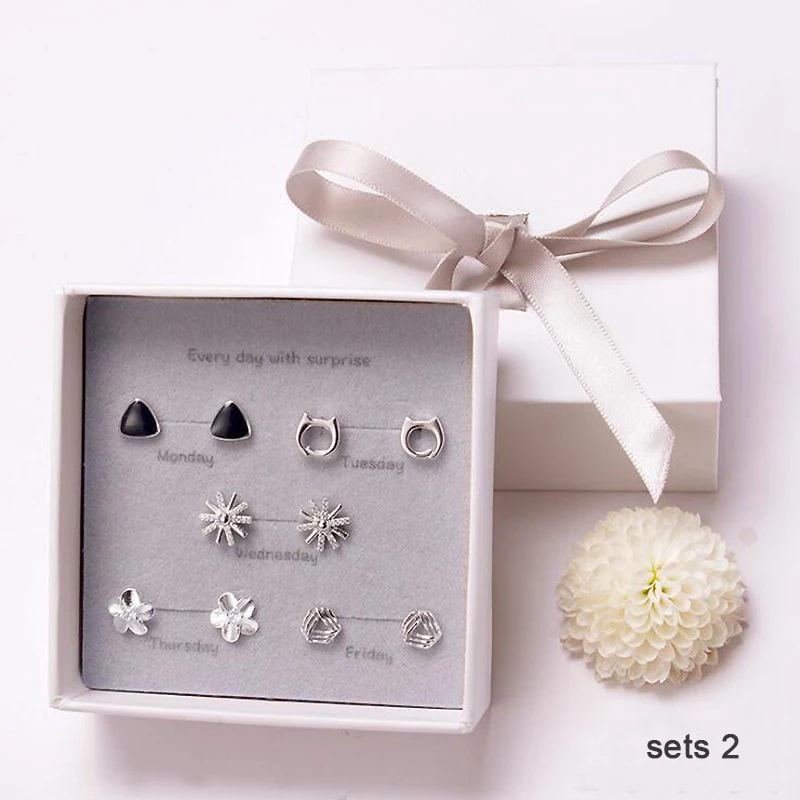 Ruifan одну неделю 5 пар/компл. маленькие серьги-гвоздики комплект ювелирных изделий с коробкой Для женщин серьги 925 пробы серебряные серьги с камнями YJS004