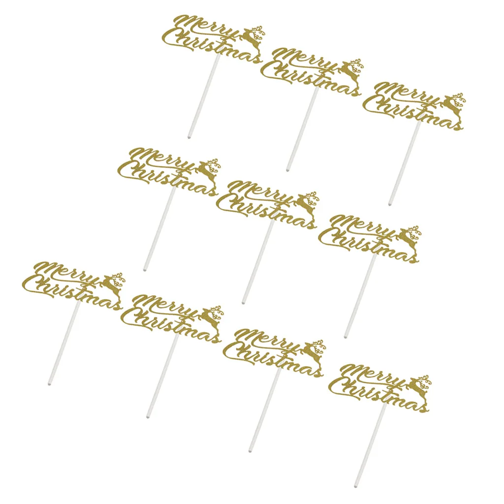 10pcs Merry Christmas Deer Elk Celebration Wedding Cake Topper Cupcake Inserts Reception Decoration Toppers 
