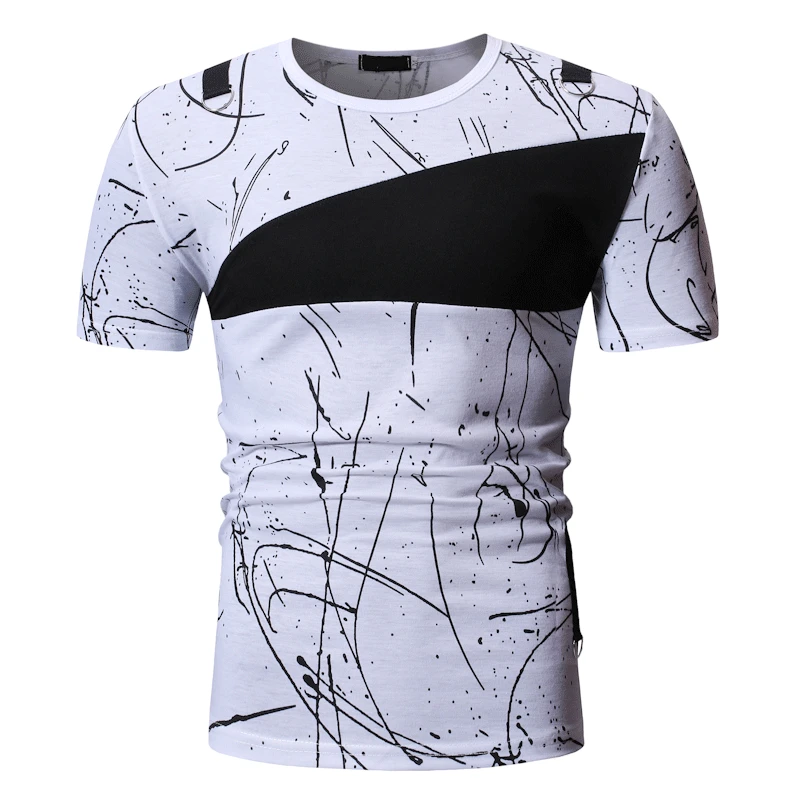 

T-Shirt Men 2019 Summer Hip Hop Print Patchwork T-Shirts Streetwear tshirts Slim Fit Short Sleeve Casual Top Cotton