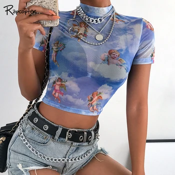 

Rapcopter Women Angle Summer 2019 Short Sleeve Tees Top Casual O-neck Short Skinny Tee Shirts Female Popular Fashion Crop Tshirt