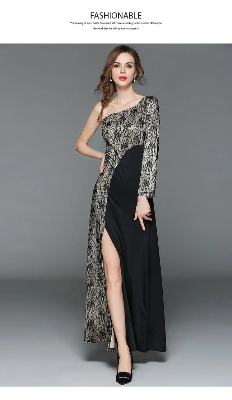 2018 spring summer new fashion sexy women lace dress shoulder sleeve bare shoulder slim female lace formal dress long dress