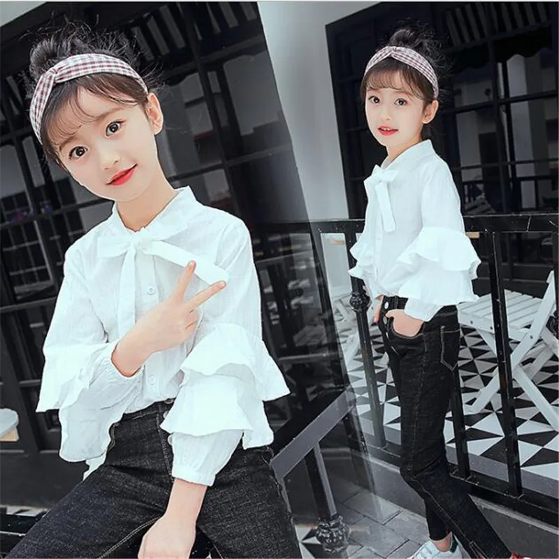 

2018 Spring Fall 3-13Y Chiffon Lace Baby Big Girls cotton Blouse White Clothes Child Long Sleeve School Girl Shirt Kids Tops