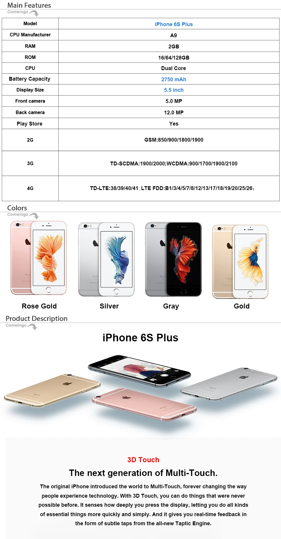 Apple iPhone 6 S Plus iOS двухъядерный Оперативная память 2 Гб Встроенная память 16/64/128 ГБ 5,5 "12.0MP Камера LTE отпечатков пальцев мобильный телефон iPhone6S