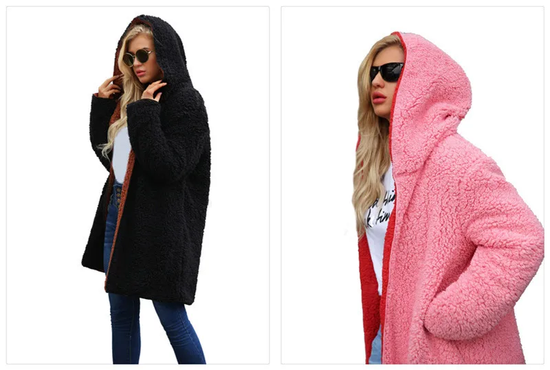 European and American plus-size high quality color matching coat with plush hooded overcoat on both sides (5)