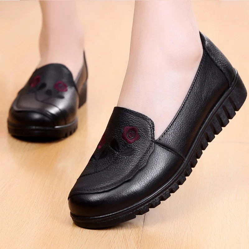 

Woman shoes 2019 spring sweet style genuine leather shoes flower casual female shoes solid black flats scarpe donna